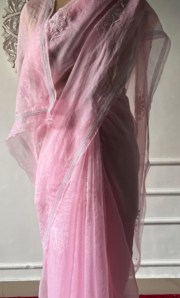 Women's Lucknowi Handcrafted Pure Organza Silk Chikankari Saree - HONC0321771