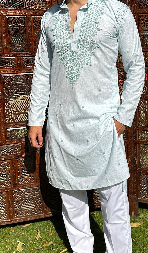 Men's Lucknowi Handcrafted Cotton Chikankari Kurta - HONC0329873