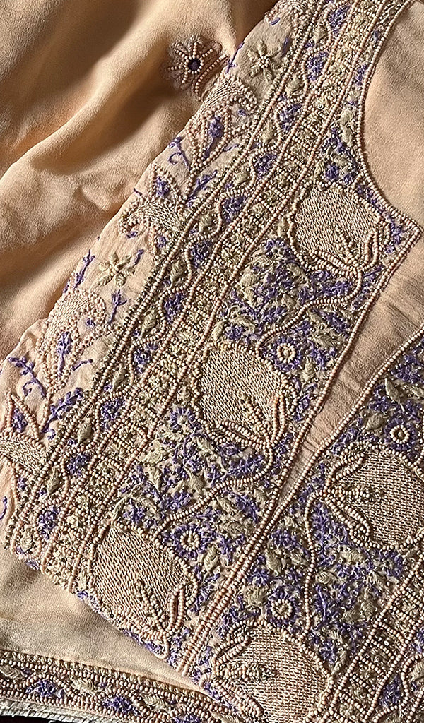Women's Lakhnavi Handcrafted Pure Silk Georgette Chikankari Semi-Stiched Kurta And Dupatta Set - HONC0251685