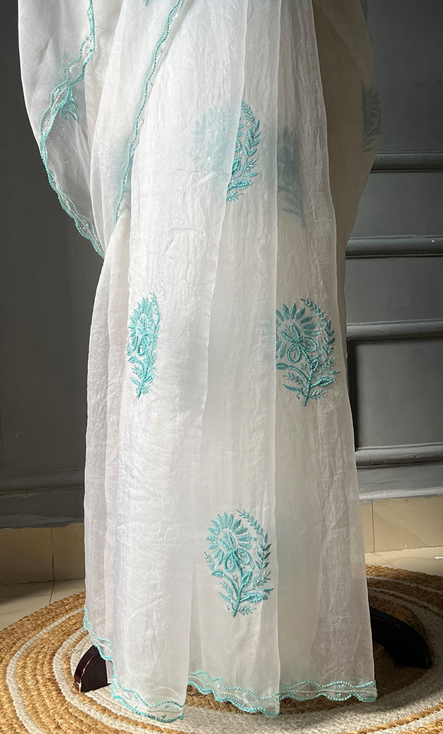 Women's Lucknowi Handcrafted Pure Organza Silk Chikankari Saree - HONC0299230
