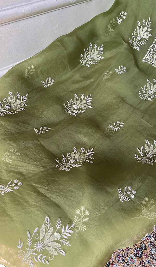 Women's Lakhnavi Handcrafted Pure Organza Chikankari Unstitched Kurta Dupatta Set- HONC0359089