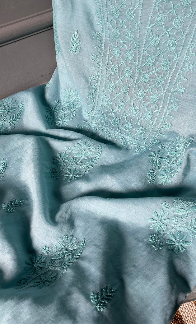 Women's Lakhnavi Handcrafted Mul Chanderi Chikankari Full Suit Material - HONC0307419
