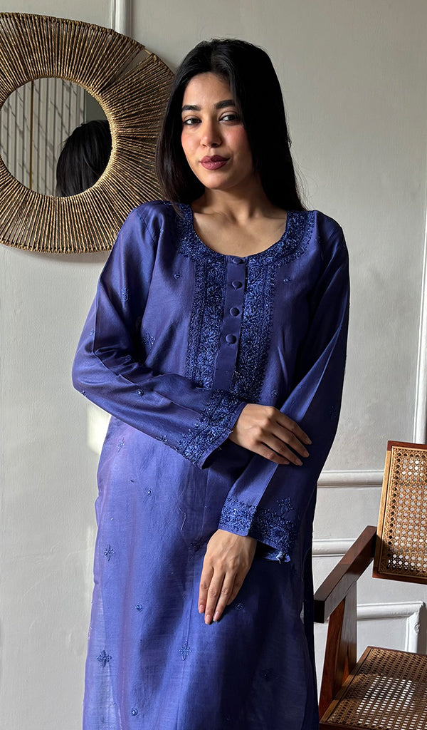 Women's Lucknowi Handcrafted Chanderi Silk Chikankari Kurti - HONC0342789