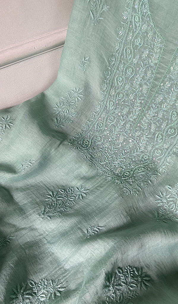 Women's Lakhnavi Handcrafted Mul Chanderi Unstitched Chikankari Full Suit Material - HONC0345043