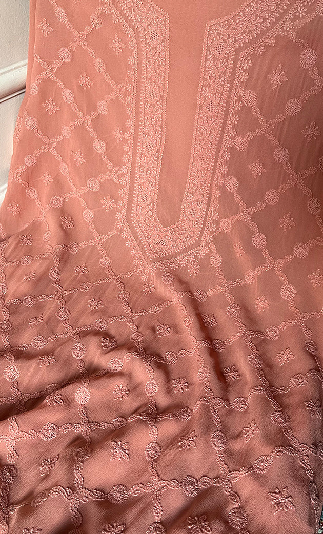 Lucknowi Handcrafted Viscose Georgette Chikankari Unstitched Men's Kurta Fabric - HONC0282443