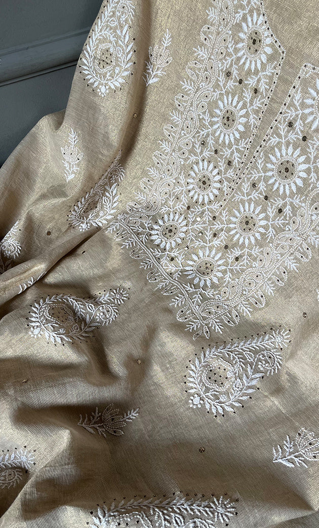 Women's Lakhnavi Handcrafted Tissue Chanderi Unstitched Kurta And Dupatta Set - HONC0267158