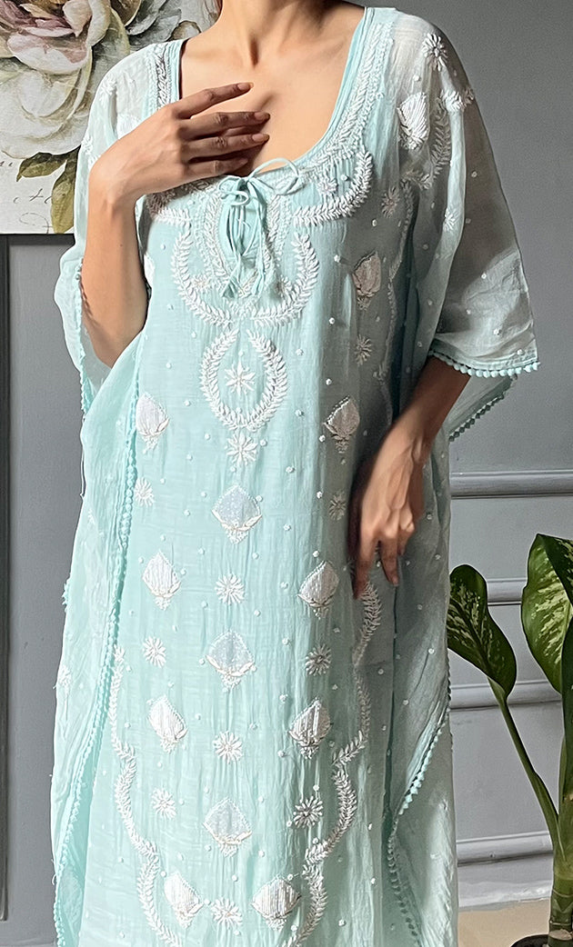Rabia Women's Lucknowi Handcrafted Mul chanderi Chikankari Kaftan - HONC0304373