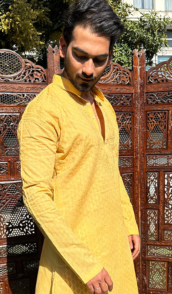 Men's Lucknowi Handcrafted Cotton Chikankari Kurta - HONC02606670