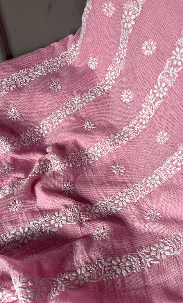 Alishba Women's Lucknowi Handcrafted Kota Cotton Chikankari Unstitched Kurta And Dupatta Set - HONC0312639