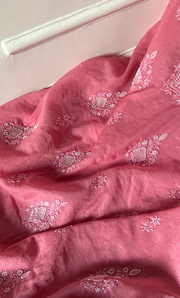 Women's Lakhnavi Handcrafted Mul Chanderi Unstitched Chikankari Full Suit Material - HONC0295753