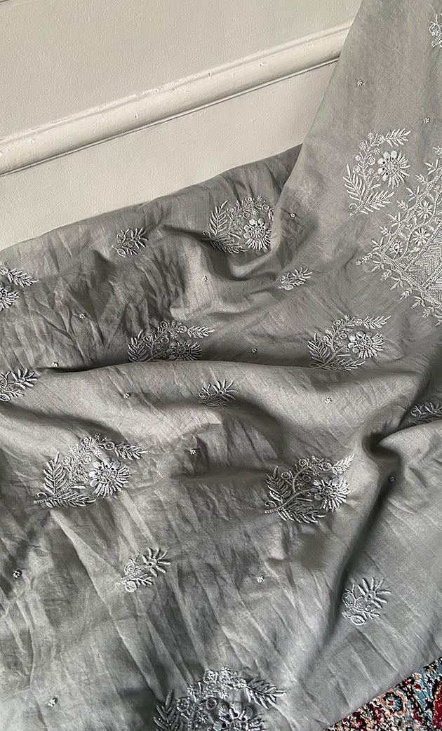 Women's Lakhnavi Handcrafted Mul Chanderi Unstitched Chikankari Full Suit Material - HONC0328320