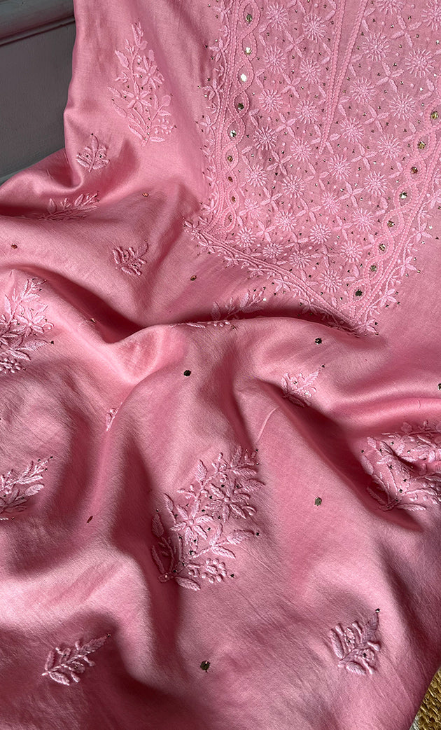 Women's Lucknowi Handcrafted Chanderi Silk Unstitched Chikankari Full Suit Material - HONC0287070