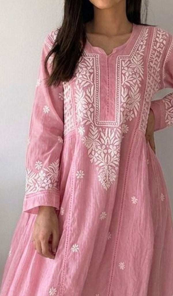 Fariah Women's Lucknowi Handcrafted Mul Chanderi Chikankari Kurti - HONC0846498