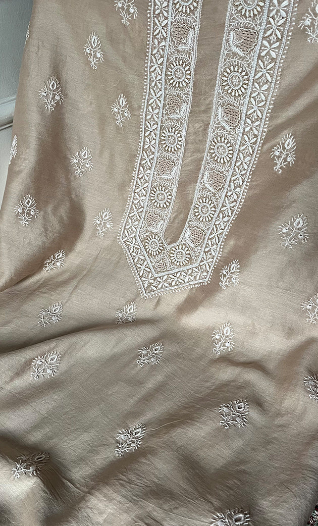 Lucknowi Handcrafted Chanderi Silk Chikankari Unstitched Unisex Kurta Fabric - HONC0275127