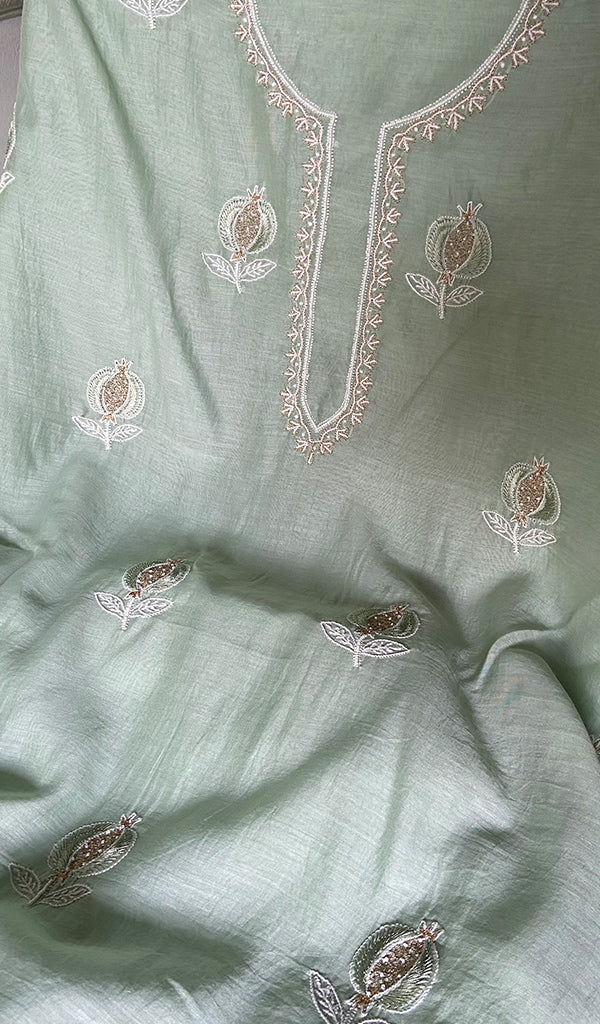 Women's Lakhnavi Handcrafted Mul Chanderi Unstitched Chikankari Full Suit - HONC0355241