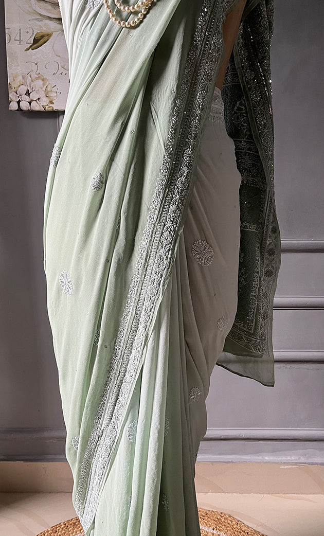Women's Lakhnavi Handcrafted Pure Silk Georgette Chikankari - HONC0287581