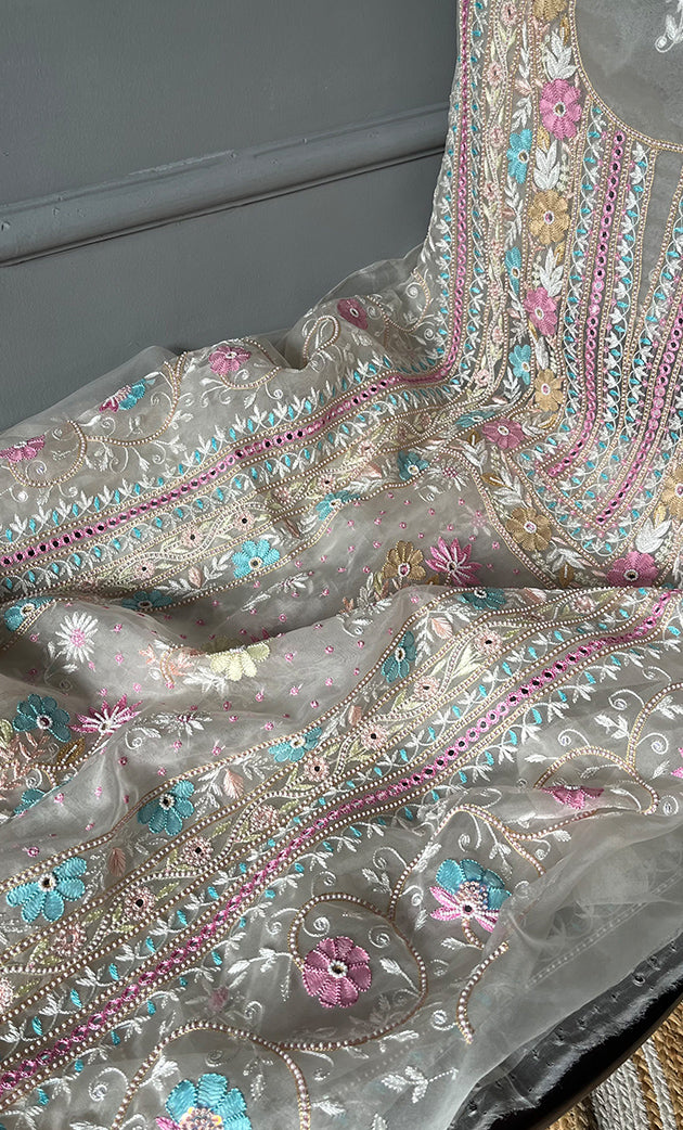 Women's Lakhnavi Handcrafted Pure Organza Chikankari Unstitched Kurta And Dupatta Set- HONC0304407