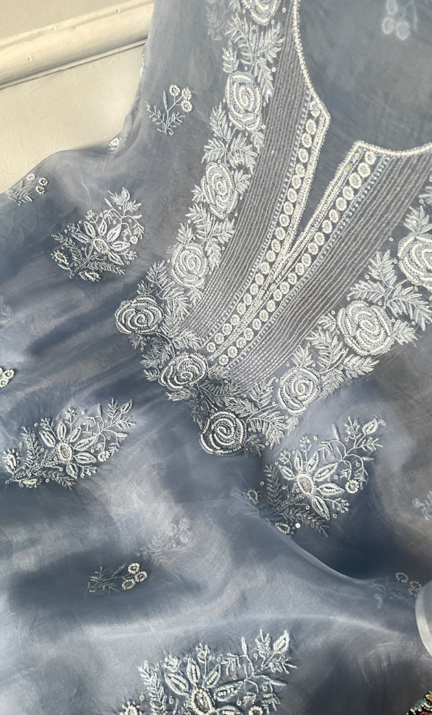 Women's Lakhnavi Handcrafted Pure Organza Chikankari Unstitched Kurta And Dupatta Set- HONC0314165