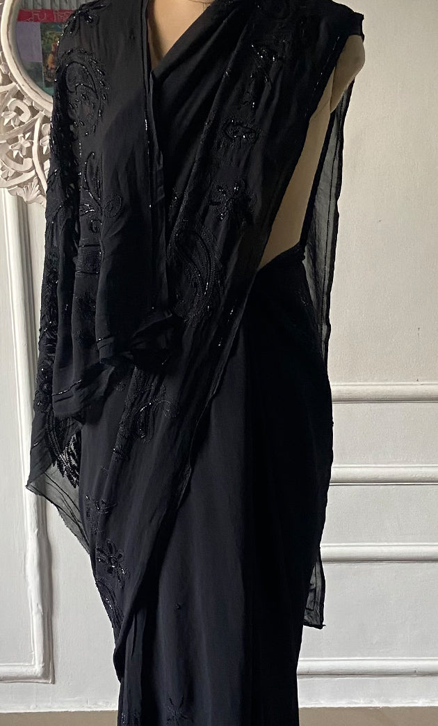 Women's Lakhnavi Handcrafted Viscose Georgette Chikankari Saree - HONC0256156