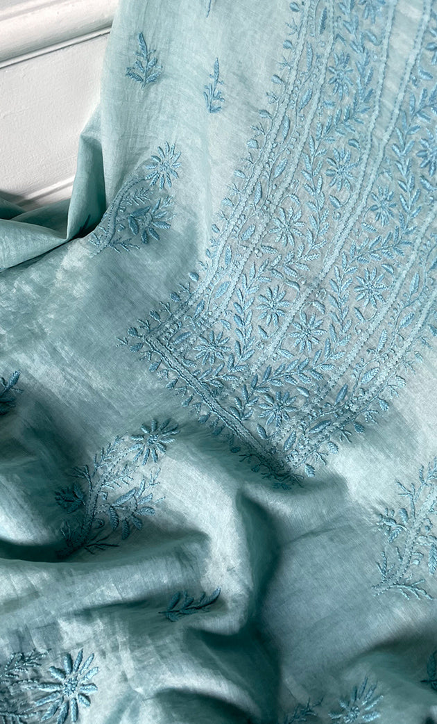 Women's Lakhnavi Handcrafted Mul Chanderi Unstitched Chikankari Full Suit Material - HONC0319534