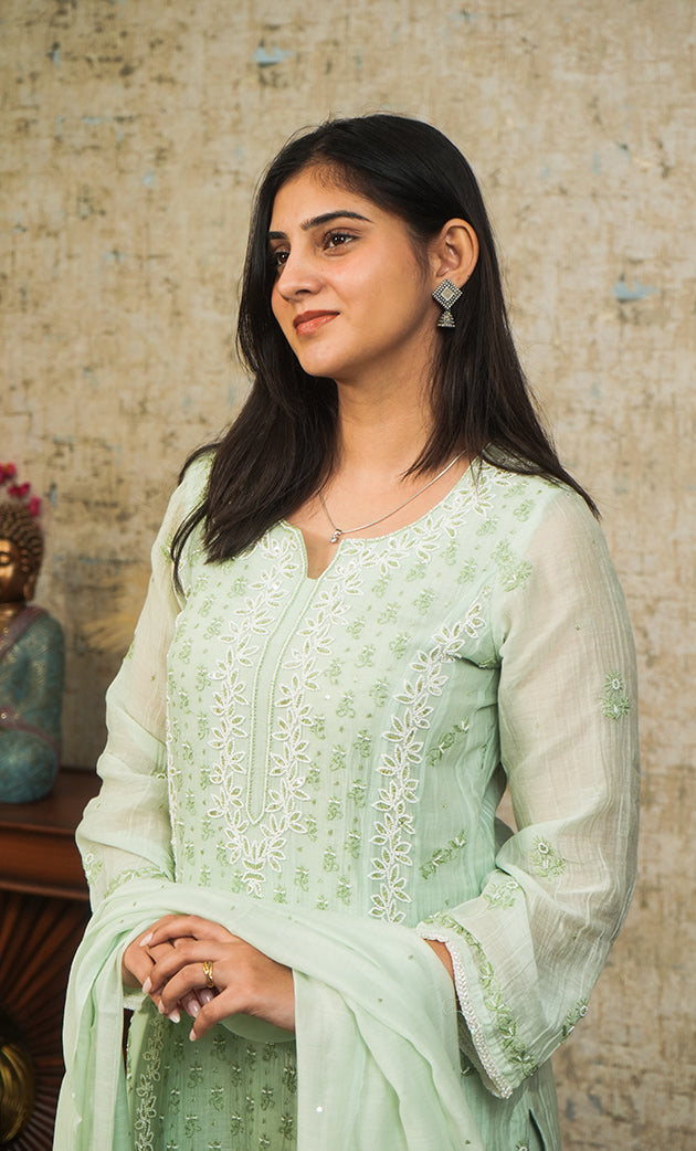 Women's Lakhnavi Handcrafted Mul Chanderi Chikankari Stitched Kurta, Dupatta And Pant Set - HONC0321289