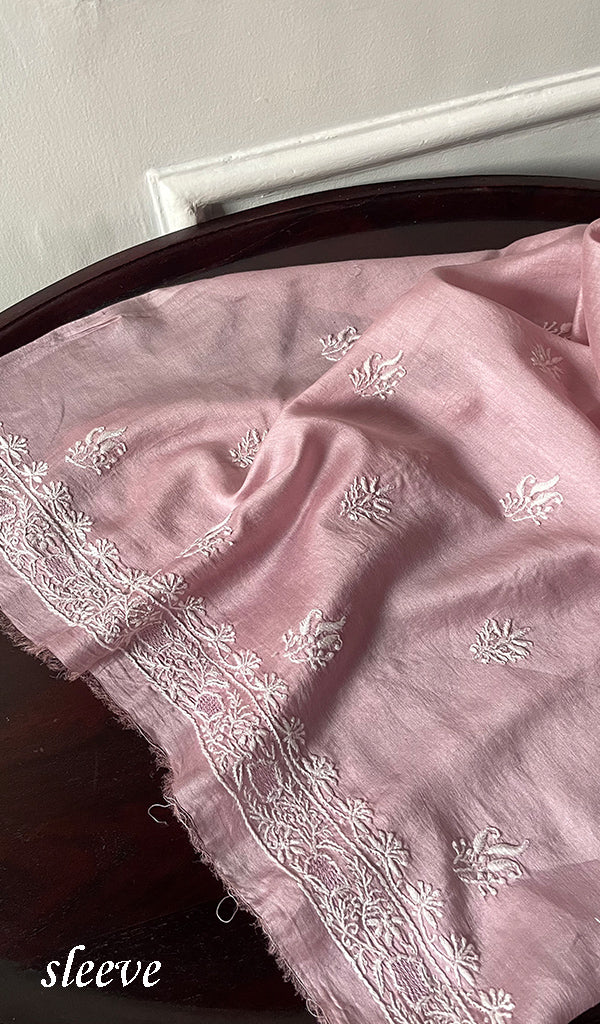 Women's Lucknowi Handcrafted Chanderi Silk Unstitched Chikankari Kurta and Dupatta Set- HONC0288466