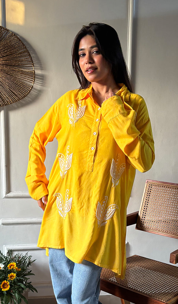 Trisha Women's Lakhnavi Handcrafted Cotton Oversized  Chikankari Top - HONC0325784