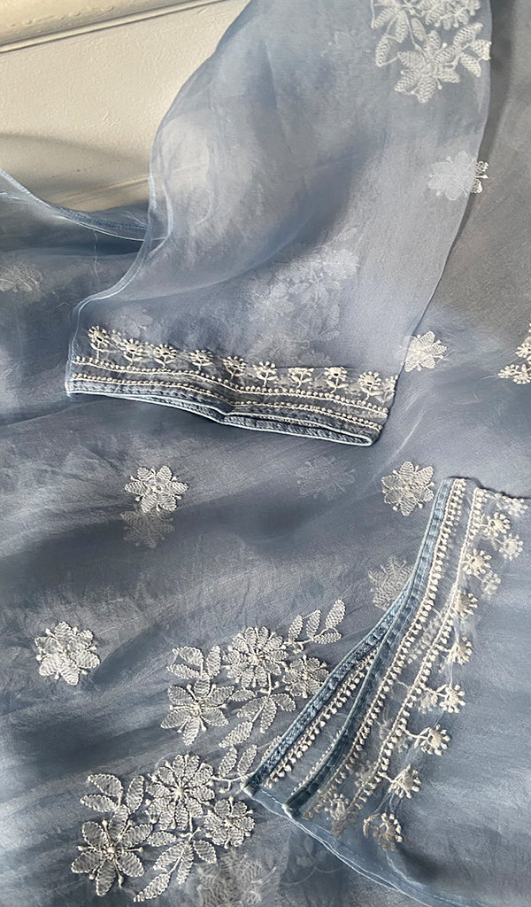 Women's Lakhnavi Handcrafted Pure Organza Chikankari Semi stitched Kurta And Dupatta Set- HONC0348612