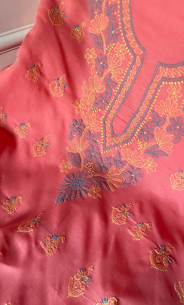 Women's Lakhnavi Handcrafted Unstitched Cotton Chikankari Suit Material - HONC03217898