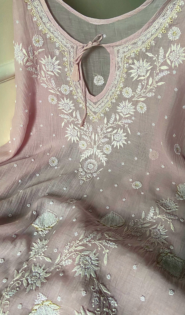 Rabia Women's Lucknowi Handcrafted Mul Chanderi Chikankari Kaftan - HONC0259173
