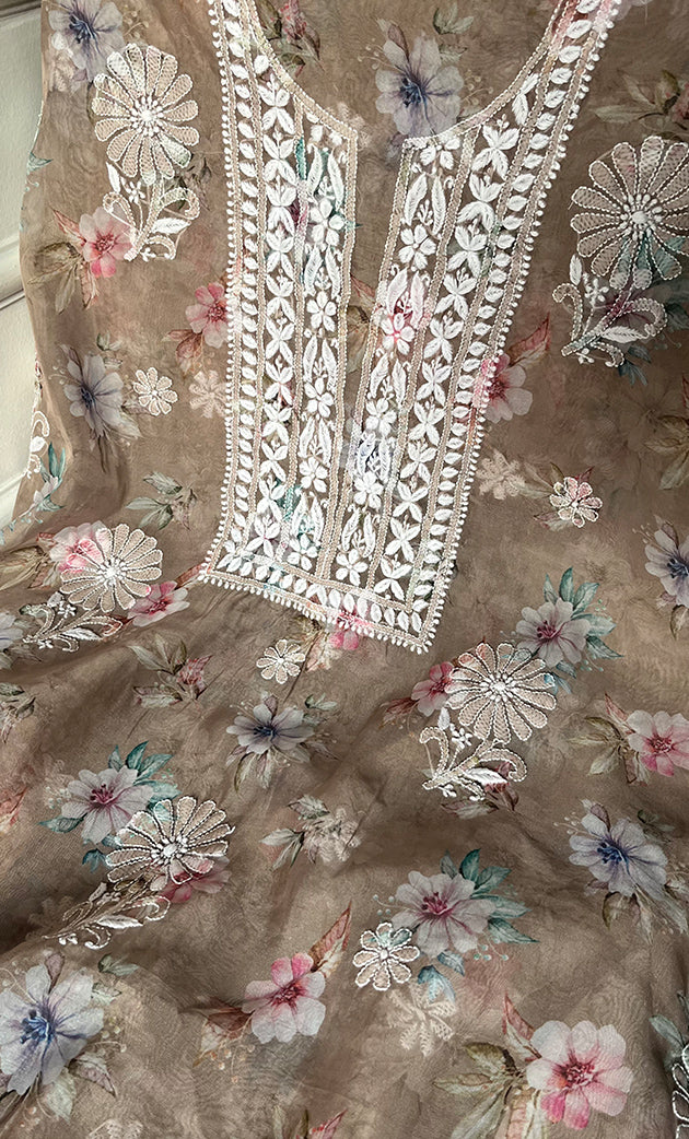 Disha Women's Lakhnavi Handcrafted Organza Chikankari Unstitched Kurti Fabric - HONC0332153