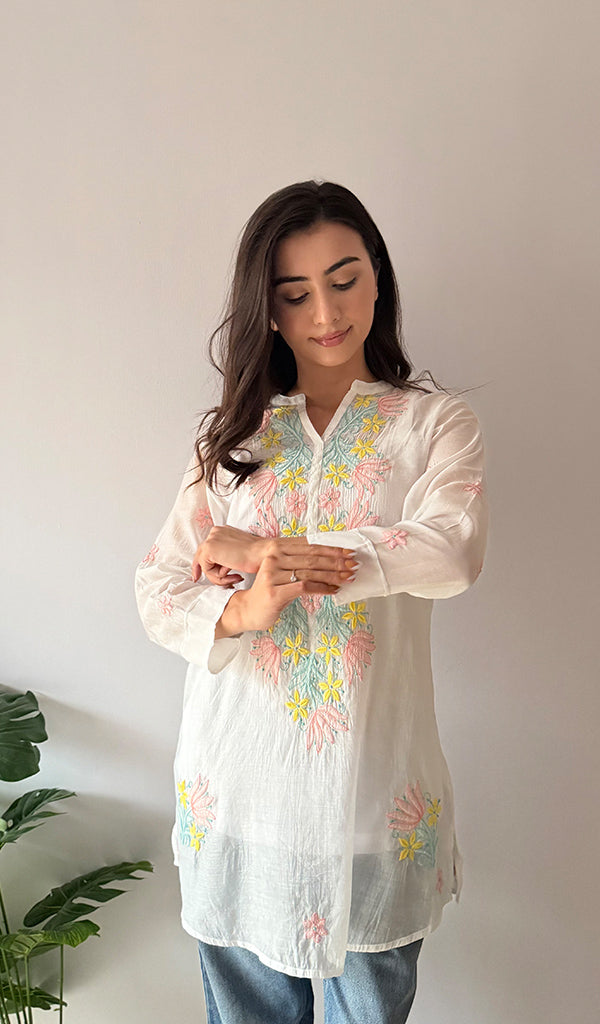 Sophia Women's Lakhnavi Handcrafted Mul Chanderi Chikankari Top - HONC0372942