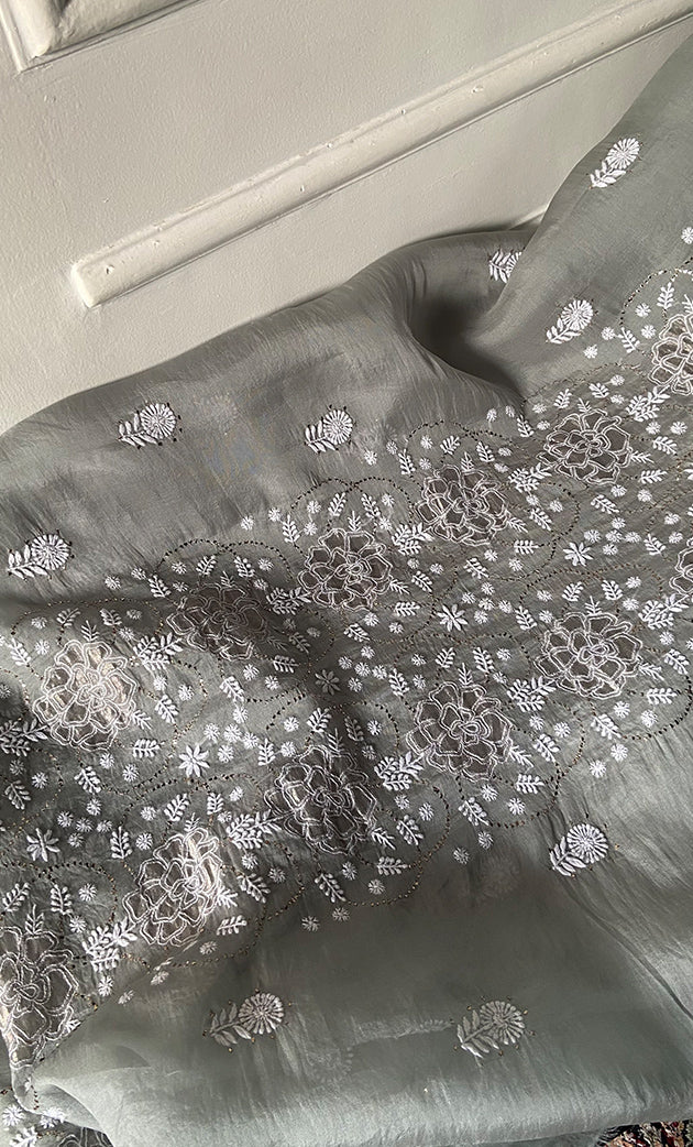 Mainaaj Women's Lakhnavi Handcrafted Pure Organza Chikankari Unstitched Kurta And Dupatta Set- HONC0256615