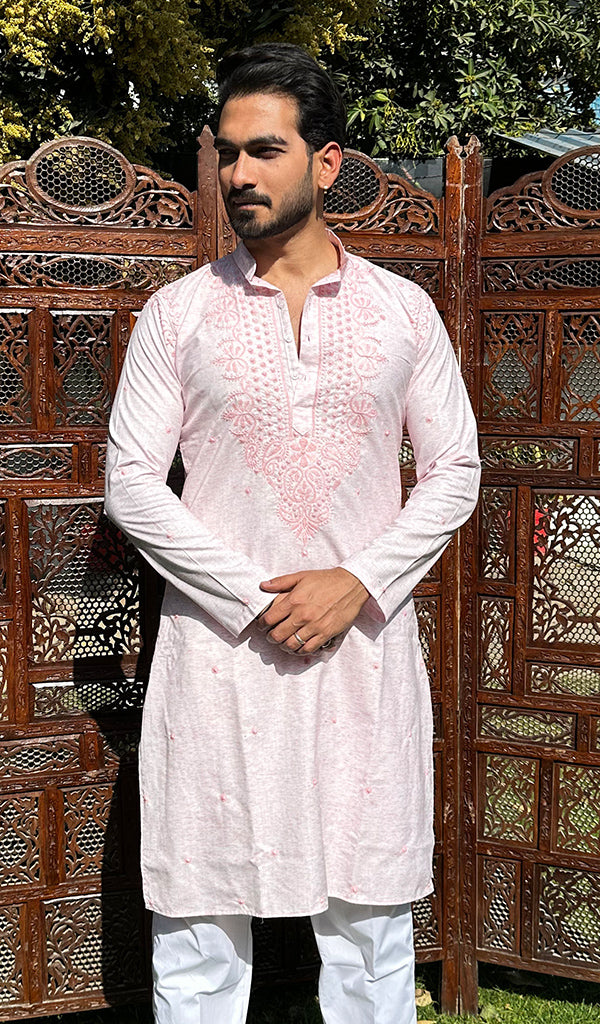 Men's Lucknowi Handcrafted Cotton Chikankari Kurta - HONC0329854