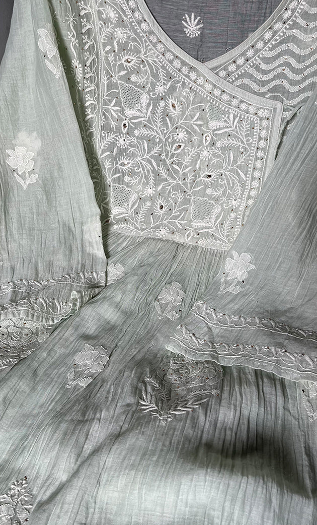 Women's Lakhnavi Handcrafted Mul Chanderi Semi - Stitched Angrakha And Dupatta Set - HONC02847110