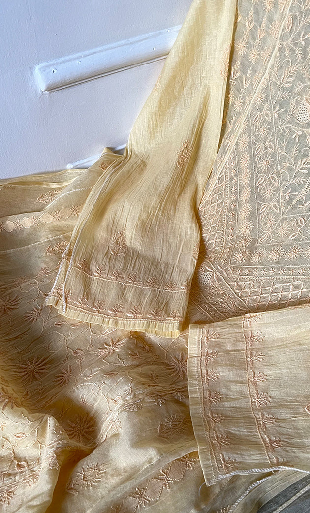 Women's Lakhnavi Handcrafted Mul Chanderi Semi - Stitched Kurta And Dupatta Set- HONC0304461