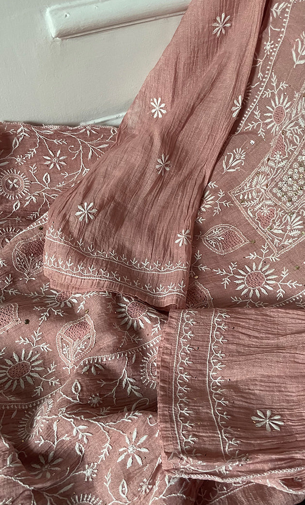 Women's Lakhnavi Handcrafted Tissue Chanderi Semi - Stitched Kurta And Dupatta Set- HONC0270644
