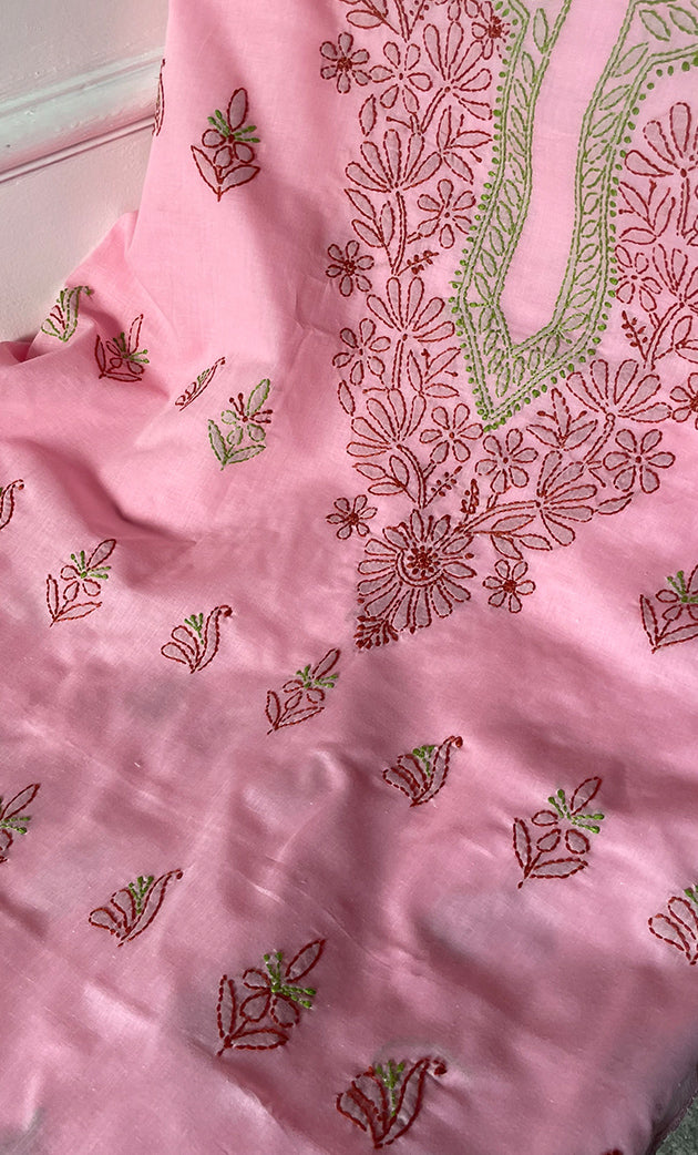 Women's Lakhnavi Handcrafted Unstitched Cotton Chikankari Suit Material - HONC0316590