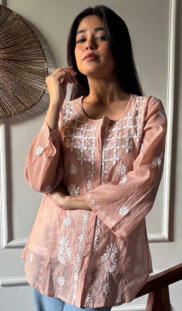 Vaanya Women's Lakhnavi Handcrafted Mul Chanderi Chikankari Top - HONC0334143