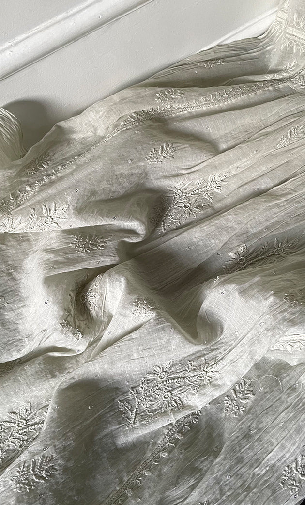 Women's Lakhnavi Handcrafted Mul Chanderi Semi - stitched Chikankari Full Suit Material - HONC0319562