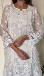 Women's Lucknowi Handcrafted Mul Chanderi Stitched Chikankari Short Kurta And Plazzo Set . (Copy)