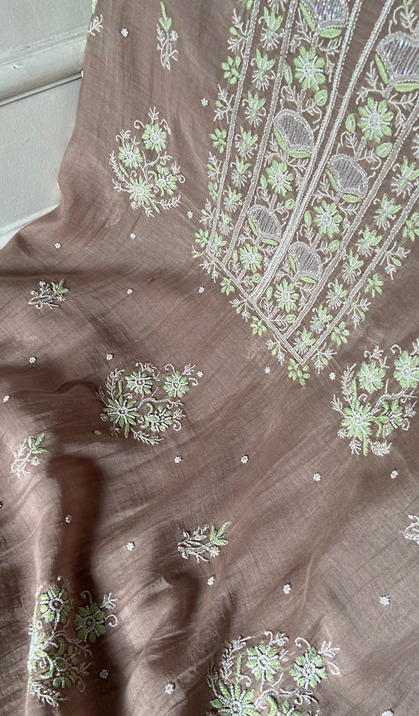 Women's Lakhnavi Handcrafted Mul Chanderi Unstitched Chikankari Full Suit Material - HONC0371975