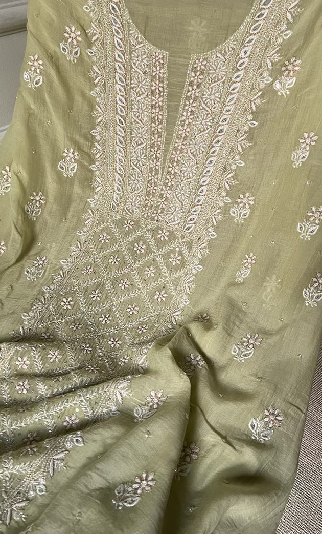 Women's Lakhnavi Handcrafted Mul Chanderi UnStitched Kurta And Dupatta Set - HONC0318527