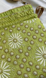 Load image into Gallery viewer, Green Chikankari Embroidered Potli Bag  HONC0316098