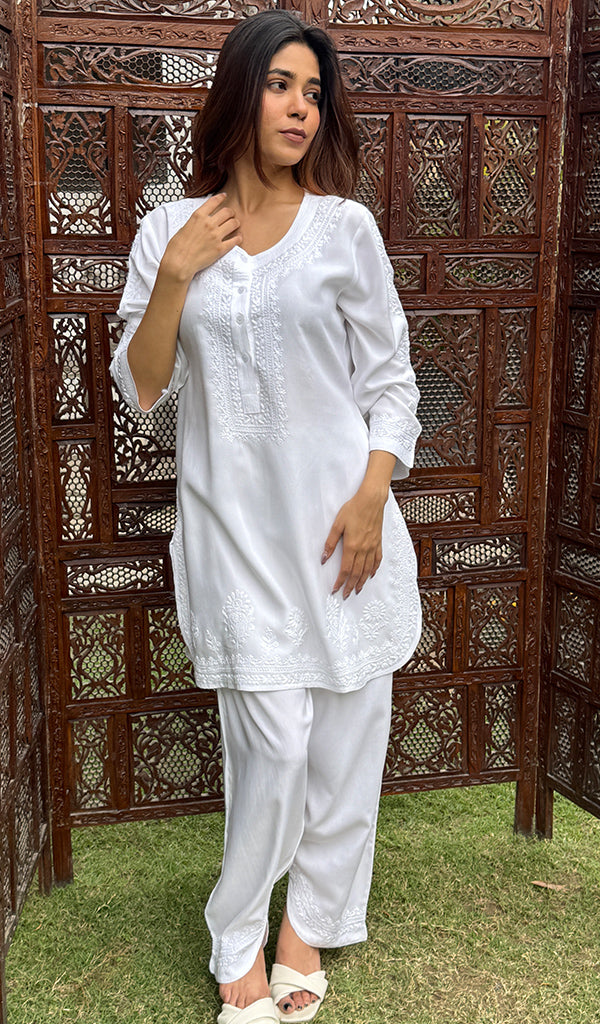 Women's Lakhnavi Handcrafted Modal Cotton Chikankari Top And Pant Set  - HONC0267544