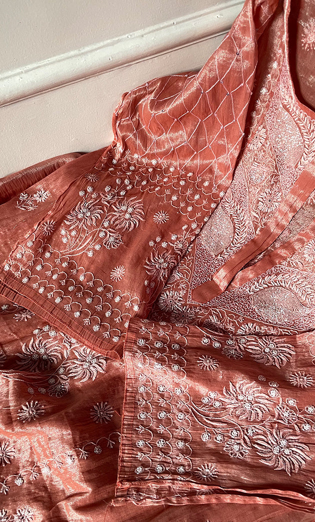 Women's Lakhnavi Handcrafted Tissue Chanderi Semi-Stitched Anarkali And Dupatta Set - HONC0323638