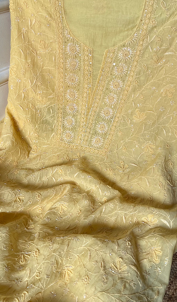 Women's Lakhnavi Handcrafted Mul Chanderi Unstitched Kurta And Dupatta Set - HONC0280842