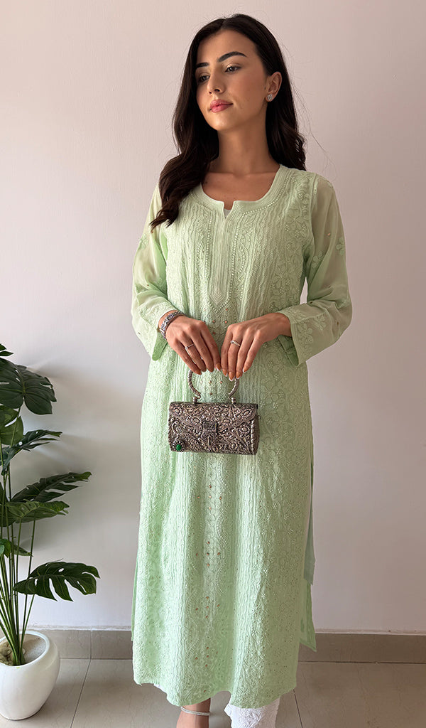 Yusra Women's Lakhnavi Handcrafted Viscose Georgette Chikankari Kurti- HONC0327560