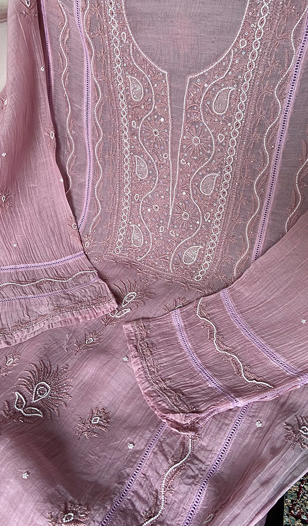 Women's Lakhnavi Handcrafted Mul Chanderi Unstitched Chikankari Full Suit - HONC0334735