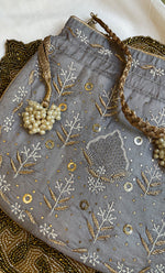 Load image into Gallery viewer, Grey Chikankari Embroidered Potli Bag with White Bead Tassels - HONC0317190
